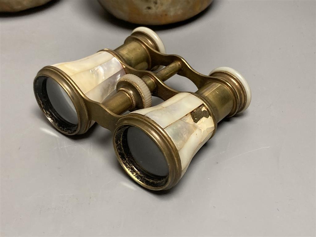 A pair of mother of pearl opera glasses, plated toddy etc